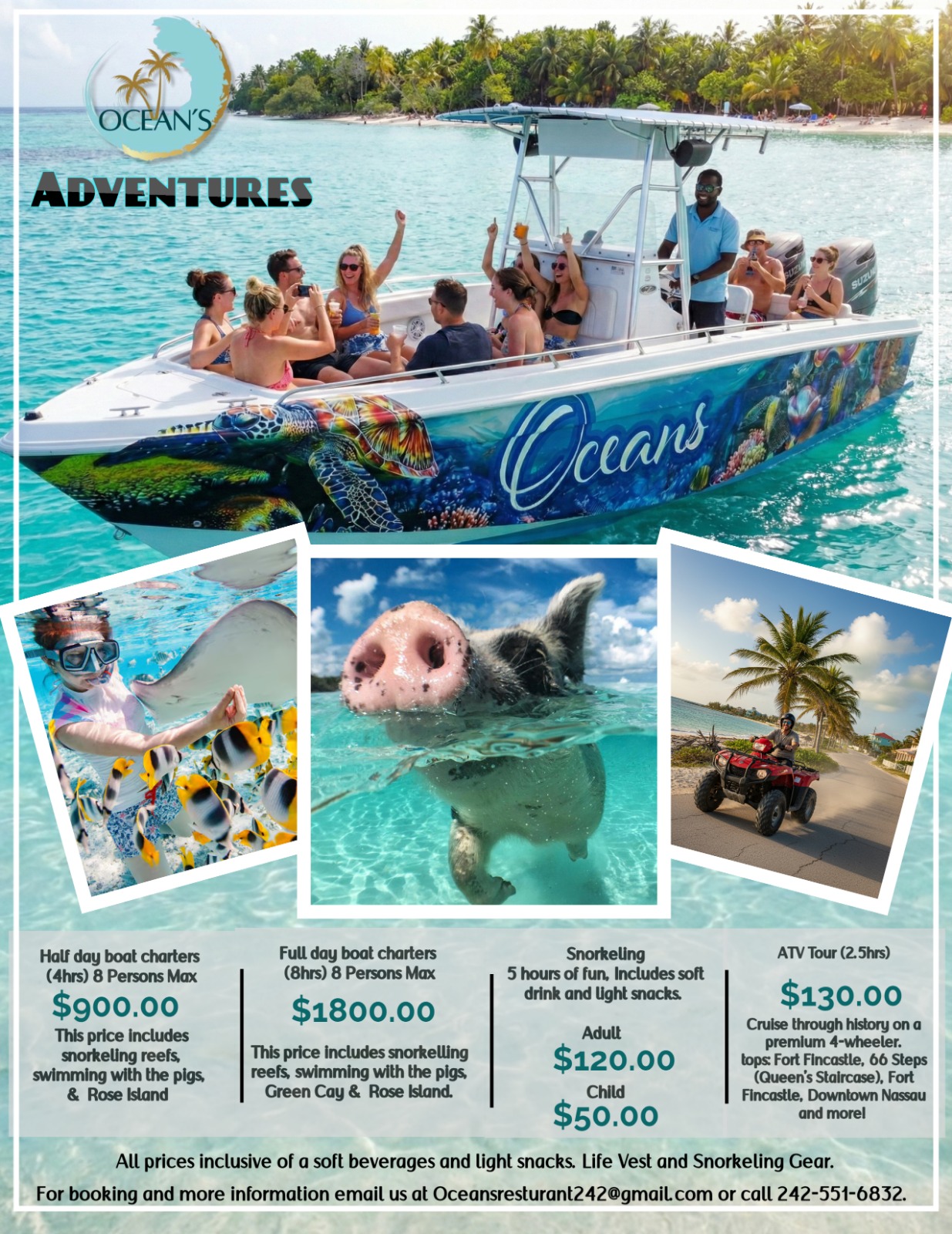 Ocean's Adventures flyer: boat charters, ATV tours and snorkeling