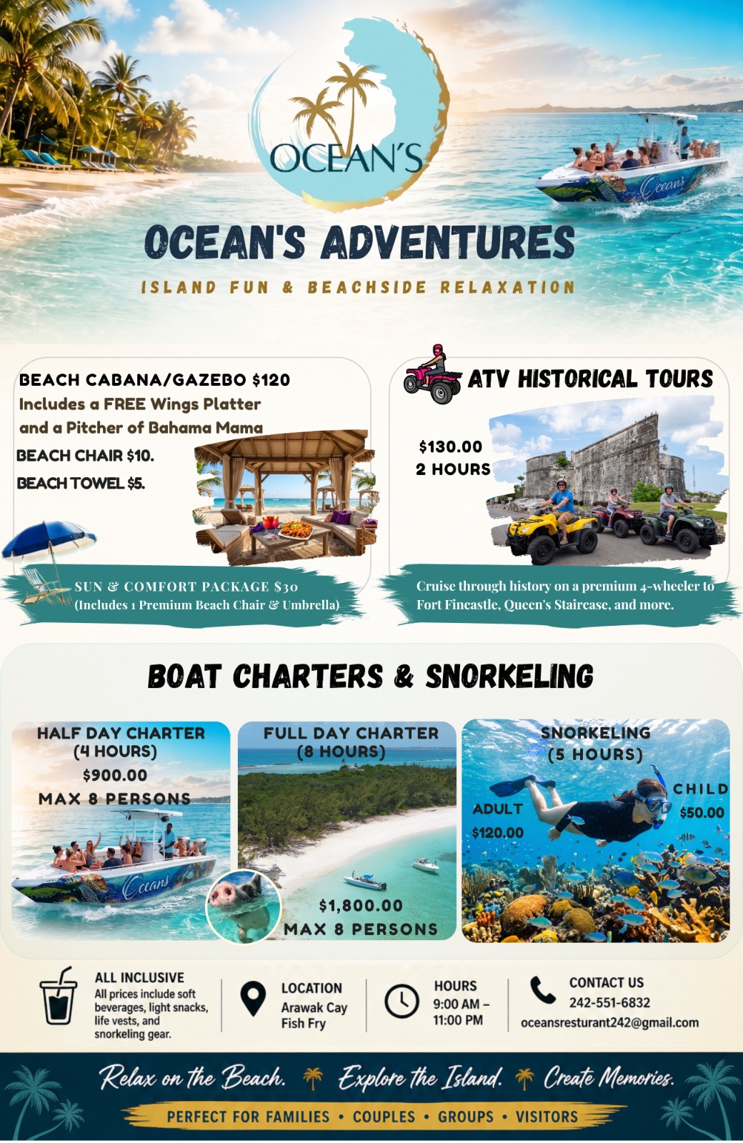 Ocean's Adventures flyer: cabana and ATV package